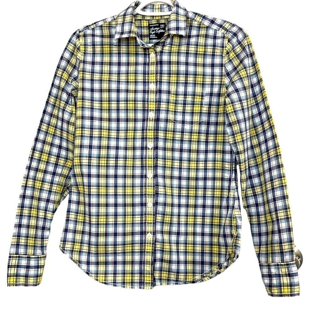 American Eagle Plaid Button Down Shirt Yellow Size XS Preppy Casual Cabincore